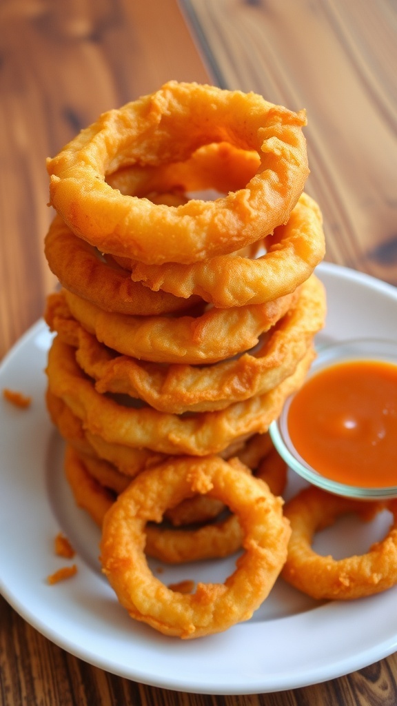 A plate of crispy onion rings with a bowl of dipping sauce on a wooden table.